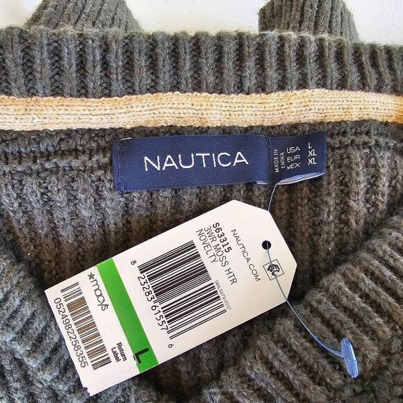 Nautica Men’s Sweater L Green V Neck Heavy Knit Cotton Blend NWT - Picture 6 of 7